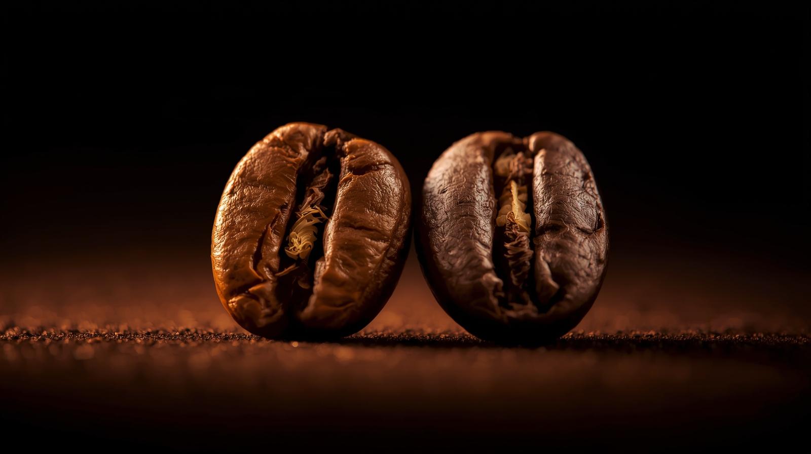 نمای نزدیک Close up از دو دانه عربیکا و روبوستا در کنار هم با پس زمینه تیره و نور گرم برای نمایش جزئیات تفاوت ظاهری