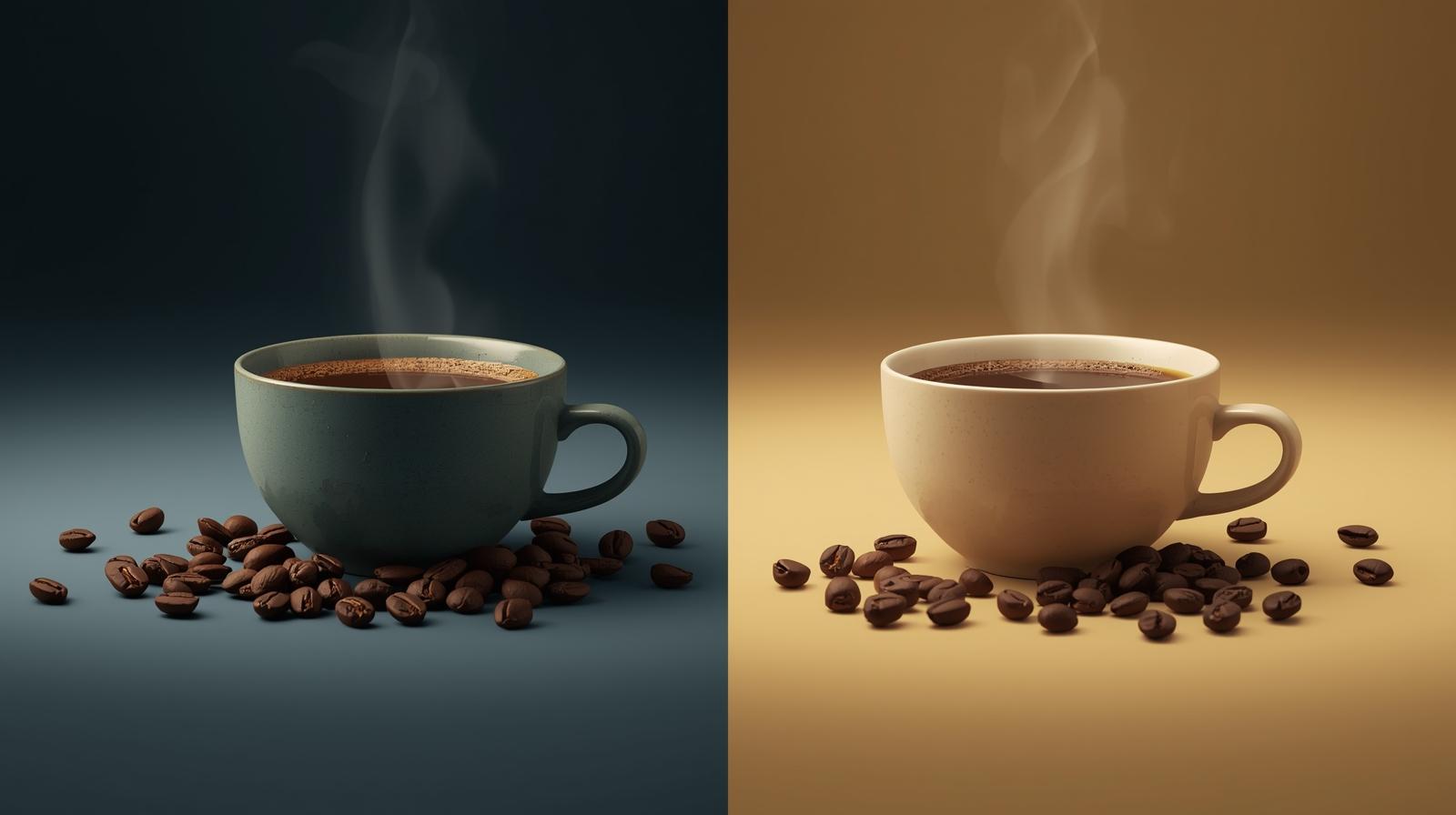یک تصویر افقی از دو فنجان قهوه داغ یکی از دانه های عربیکا در منطقه ای خنک و دیگری روبوستا در منطقه ای داغ بدون هیچگونه نوشته