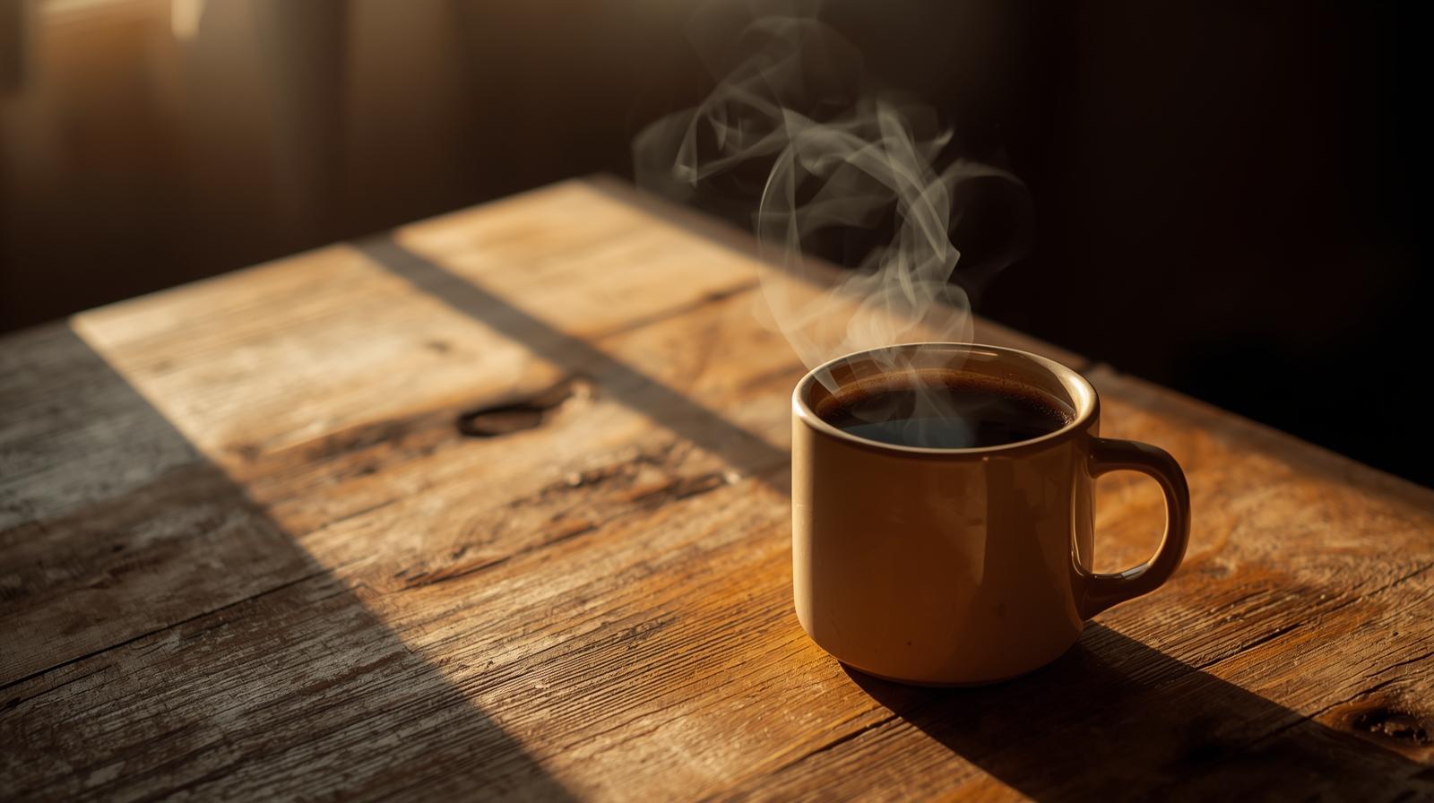 یک تصویر افقی الهام بخش از یک فنجان قهوه بخاردار روی میز چوبی با نور صبحگاهی و حس دعوت کننده