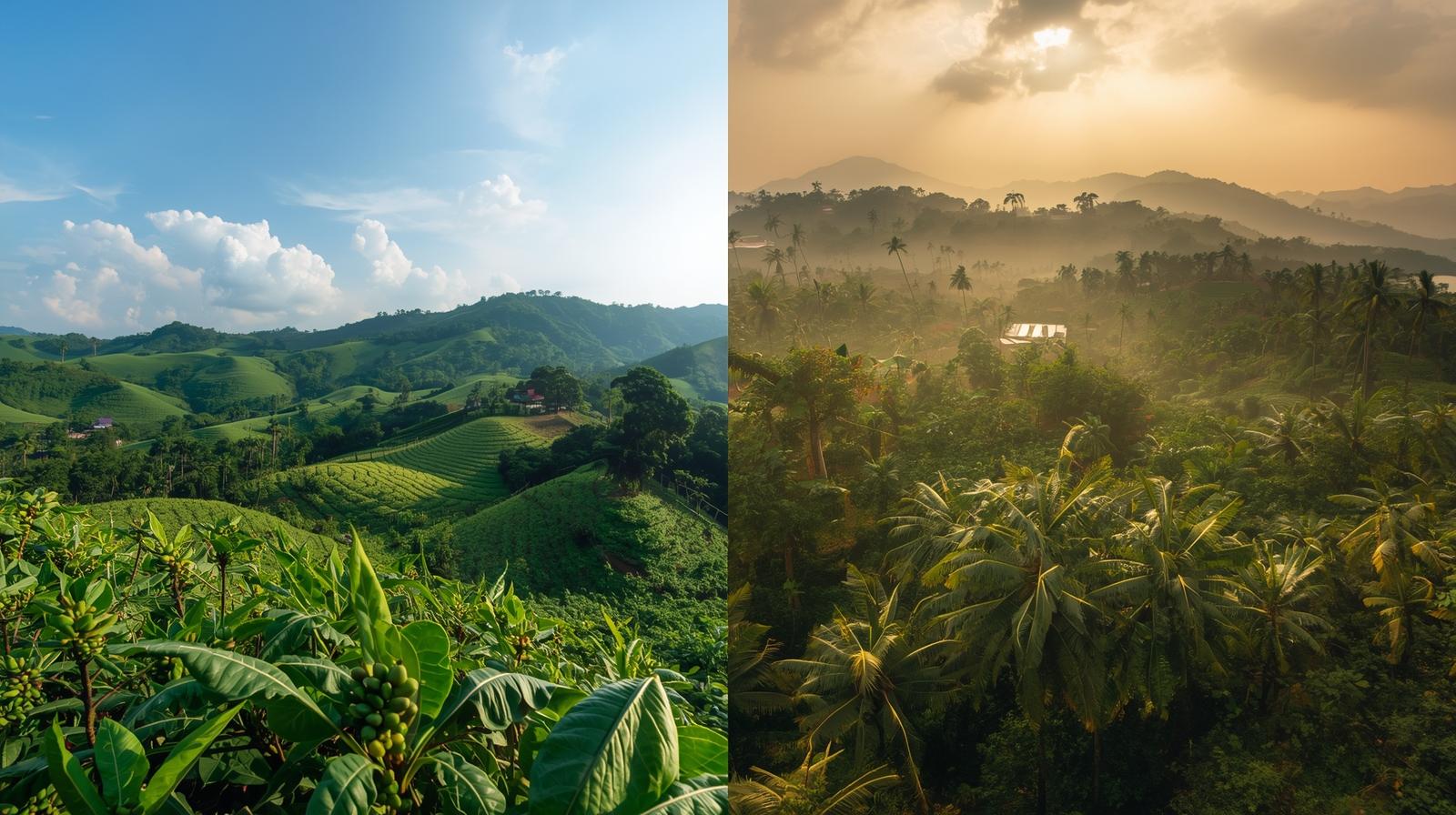 یک عکس افقی از مزرعه قهوه در ارتفاعات اتیوپی در کنار مزرعه روبوستا در مناطق گرمسیری آفریقا کنتراست زیبا بین دو اقلیم