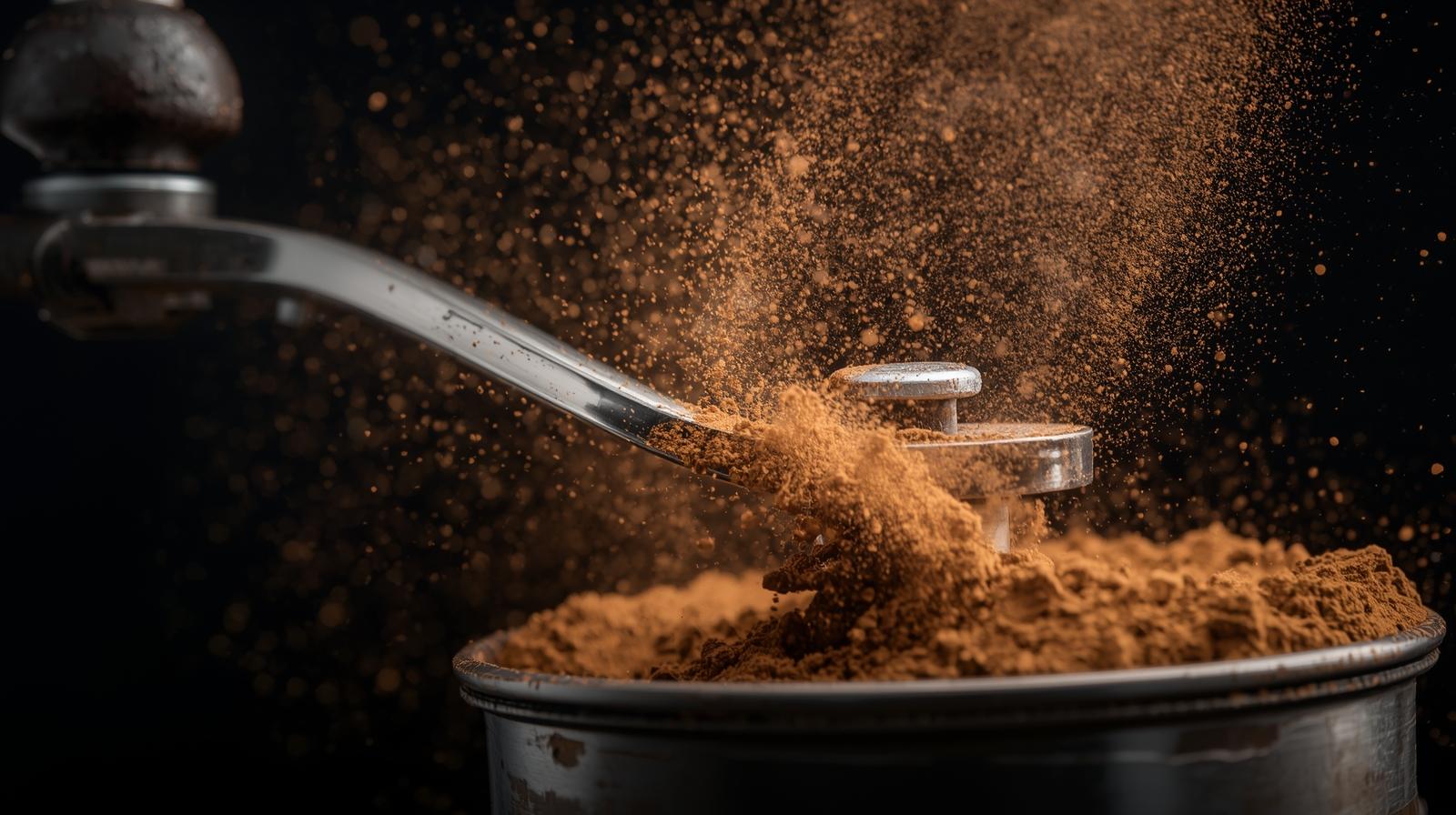 تصویر افقی کلوزآپ از آسیاب دستی یا برقی در حال خرد کردن دانه های قهوه با افکت پراکندگی پودر و عطر