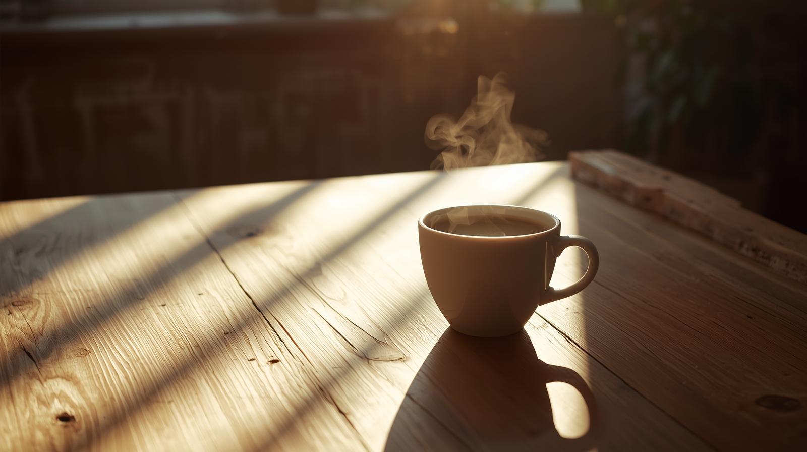 تصویر لایف استایل افقی از یک صبح دل انگیز با فنجان قهوه و نور طبیعی صبحگاهی روی میز چوبی