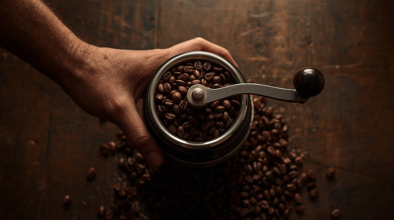 نمای افقی از دانه های قهوه در آسیاب دستی با نور گرم و پس زمینه چوبی