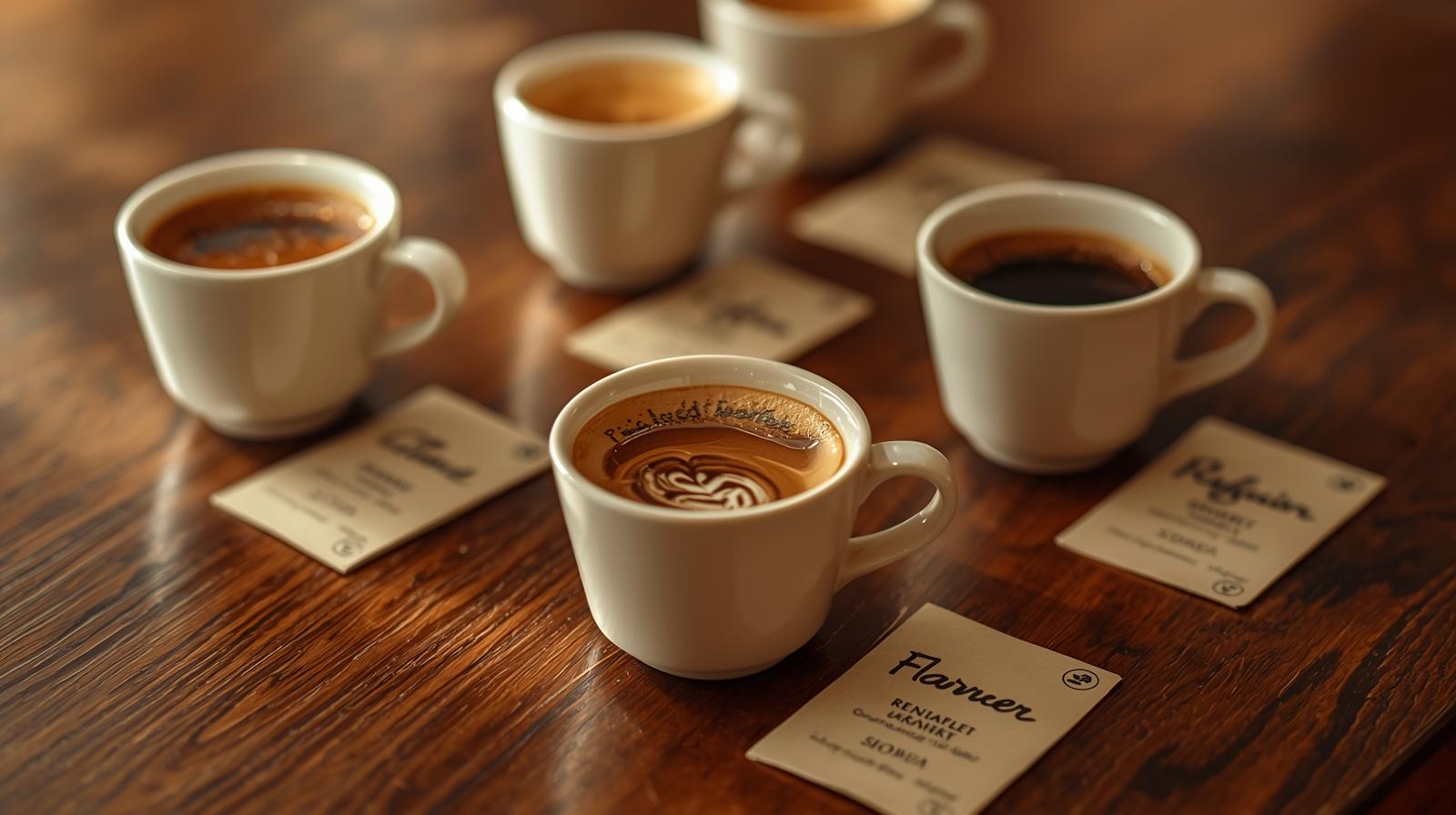 چند فنجان قهوه مختلف روی میز با برچسب طعم و یادداشت های تست